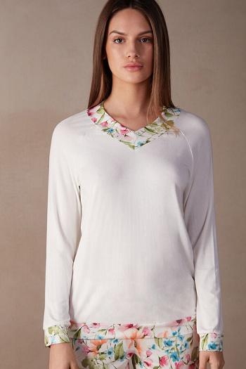 Intimssimi Botanical Lyrics Long Sleeve Modal Top White | USJBT21779