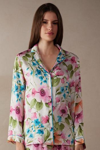 Intimssimi Botanical Lyrics Satin Button Up Shirt Print | LUSTR42371