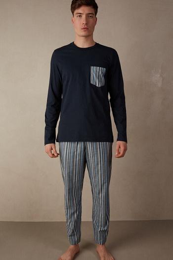 Intimssimi Full Length Pajamas in Striped Cotton Blue | USZDE32248