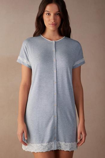 Intimssimi Lace Trim Button Up Nightgown Light Blue | DUSVO82068