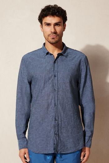 Intimssimi Linen and Cotton Shirt Blue | USQAV27221