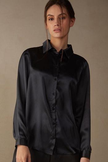 Intimssimi Long Sleeve Silk Shirt Black | XUSBH98313