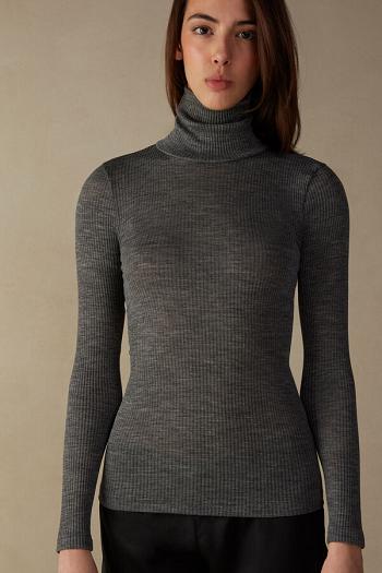 Intimssimi Long-sleeve High-Neck Tubular Top in Wool and Silk Grey | USZDE66295