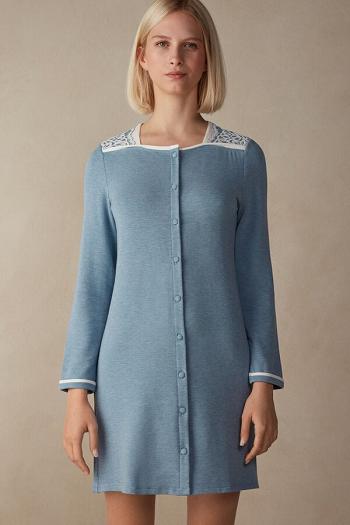 Intimssimi Romantic Bedroom Button Up Night Shirt in Modal with Wool Light Blue | UUSTG38507