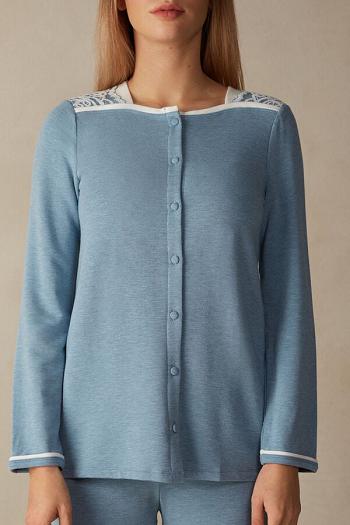 Intimssimi Romantic Bedroom Button Up Top in Modal with Wool Light Blue | XUSGW93414