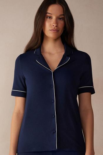 Intimssimi Short Sleeve Button Up Shirt in Modal Blue | BUSSO20148