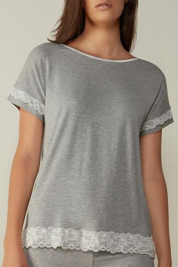 Intimssimi Short-Sleeve Modal Top with Lace Detail Grey | USJVR35928