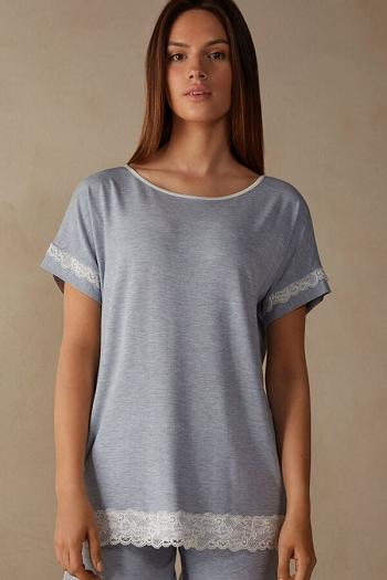 Intimssimi Short-Sleeve Modal Top with Lace Detail Light Blue | UUSTG35387