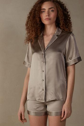 Intimssimi Short Sleeve Silk Shirt with Contrast Trim Natural | PUSQX91110