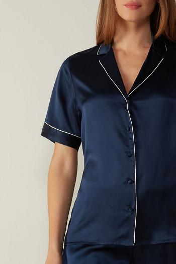 Intimssimi Short Sleeve Silk Shirt with Contrast Trim Blue | USQAV32528