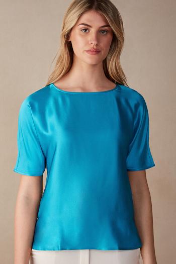 Intimssimi Short Sleeve Silk and Modal Top Blue | TUSPQ80705