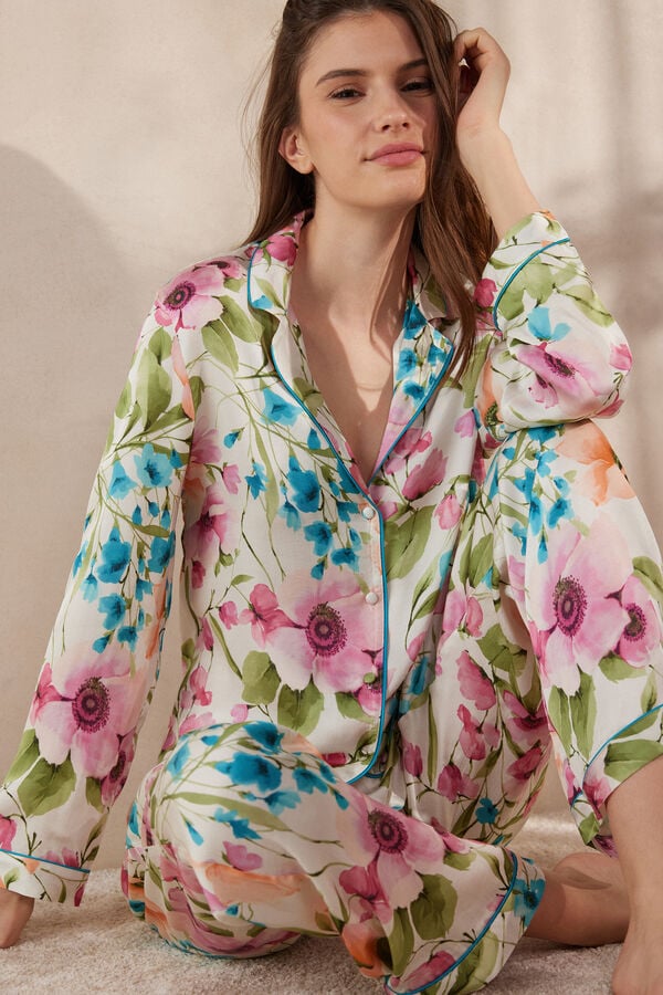 Intimssimi Botanical Lyrics Satin Button Up Shirt Print | LUSTR42371