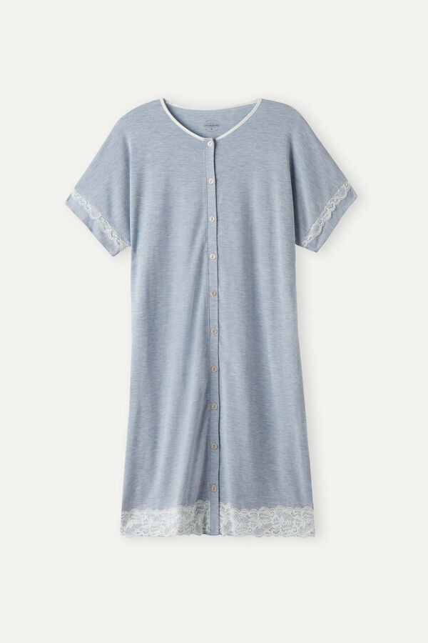 Intimssimi Lace Trim Button Up Nightgown Light Blue | DUSVO82068