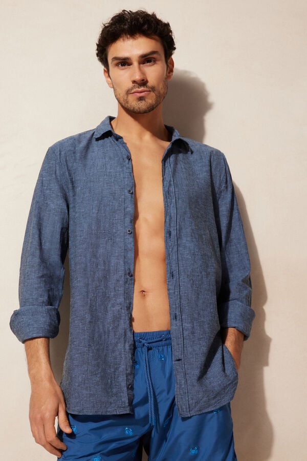 Intimssimi Linen and Cotton Shirt Blue | USIIZ46284