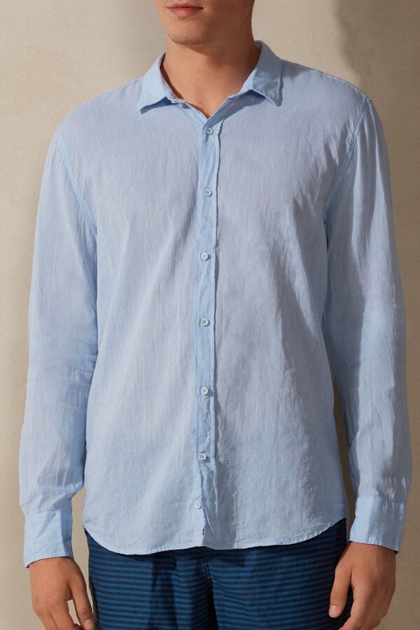 Intimssimi Linen and Cotton Shirt Light Blue | MUSHR23427