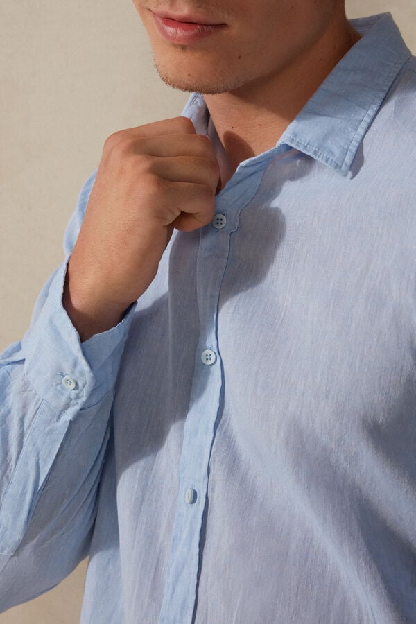 Intimssimi Linen and Cotton Shirt Light Blue | XUSBH32765