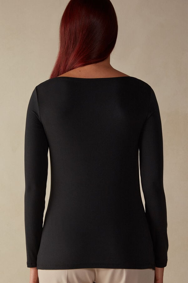 Intimssimi Long Sleeve Bateau Neck Top in Micromodal Black | QUSWA36081