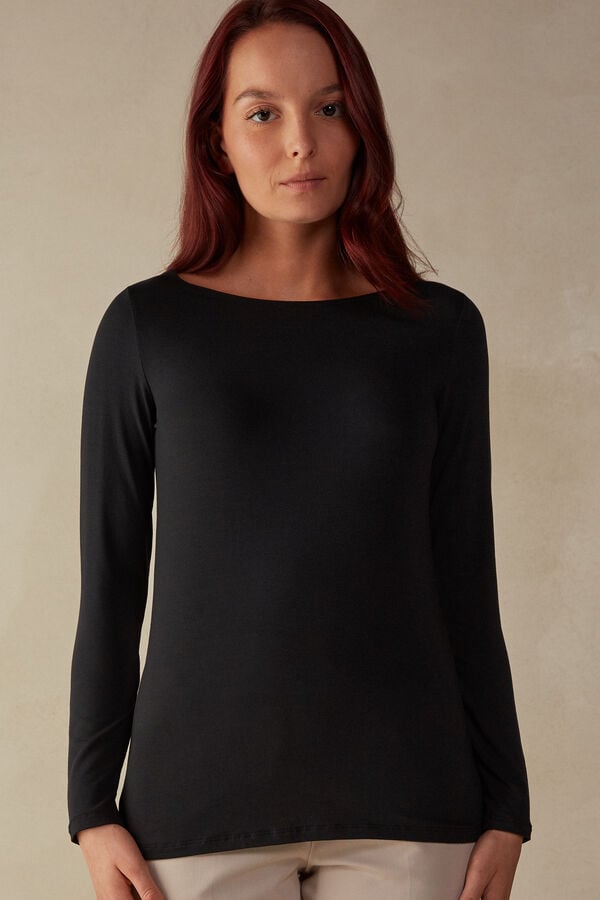 Intimssimi Long Sleeve Bateau Neck Top in Micromodal Black | QUSWA36081