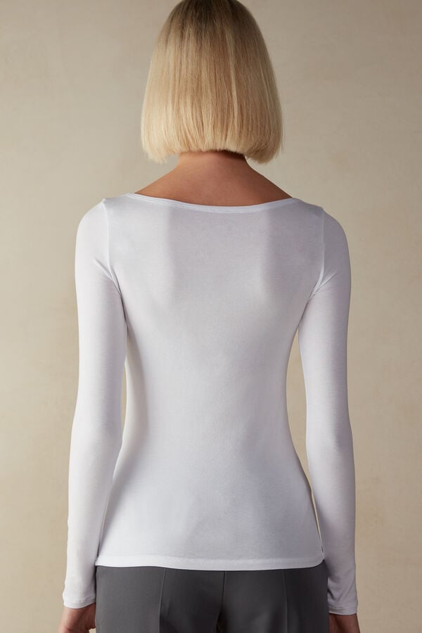 Intimssimi Long Sleeve Bateau Neck Top in Micromodal White | QUSWA78818