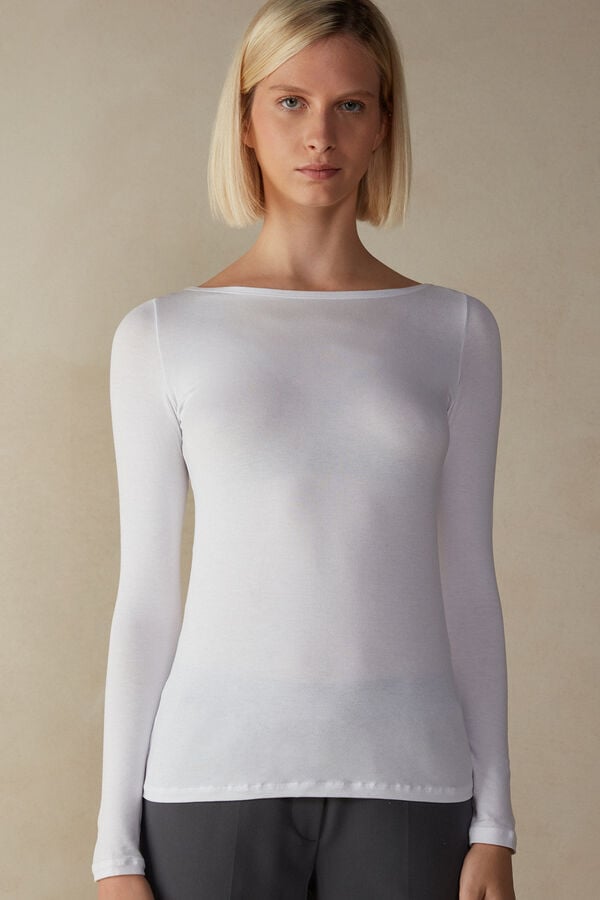 Intimssimi Long Sleeve Bateau Neck Top in Micromodal White | QUSWA78818