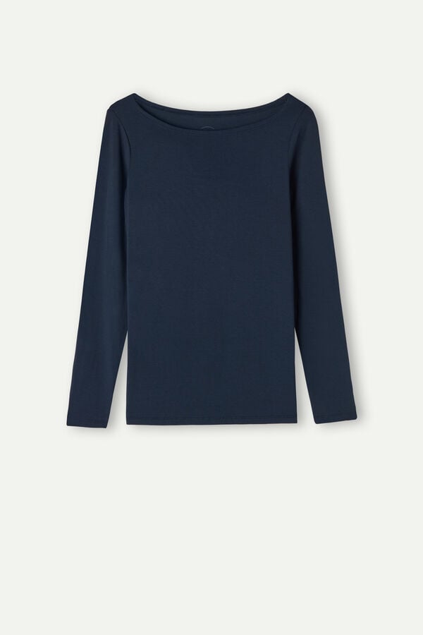 Intimssimi Long Sleeve Bateau Neck Top in Micromodal Blue | USQCS90655