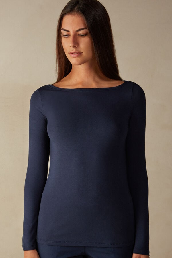 Intimssimi Long Sleeve Bateau Neck Top in Micromodal Blue | USQCS90655