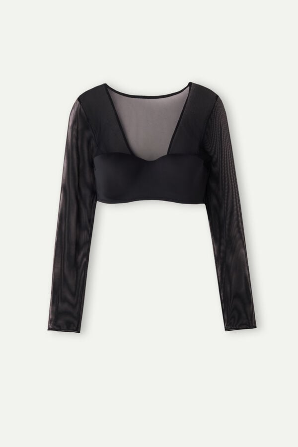 Intimssimi Long Sleeve Bra Top in Ultralight Microfiber and Tulle Black | UUSND13397