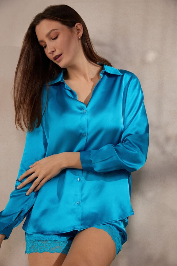 Intimssimi Long Sleeve Silk Shirt Blue | USJKU84533