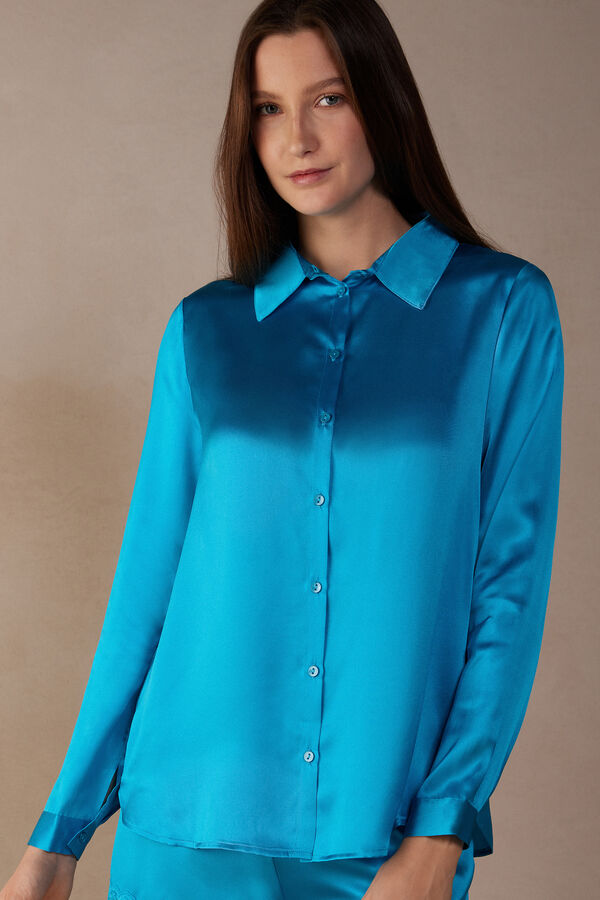 Intimssimi Long Sleeve Silk Shirt Blue | USJKU84533