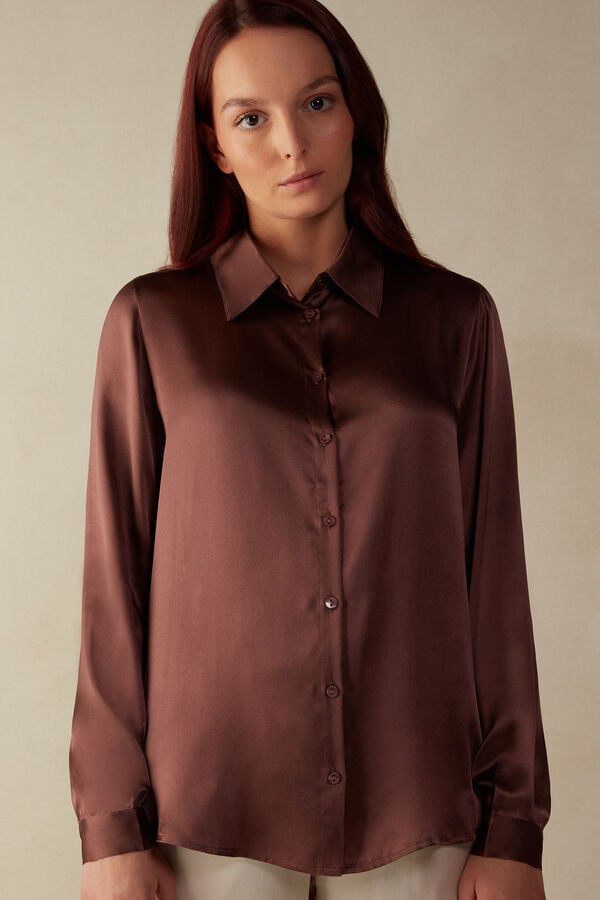 Intimssimi Long Sleeve Silk Shirt Brown | USJBT63345