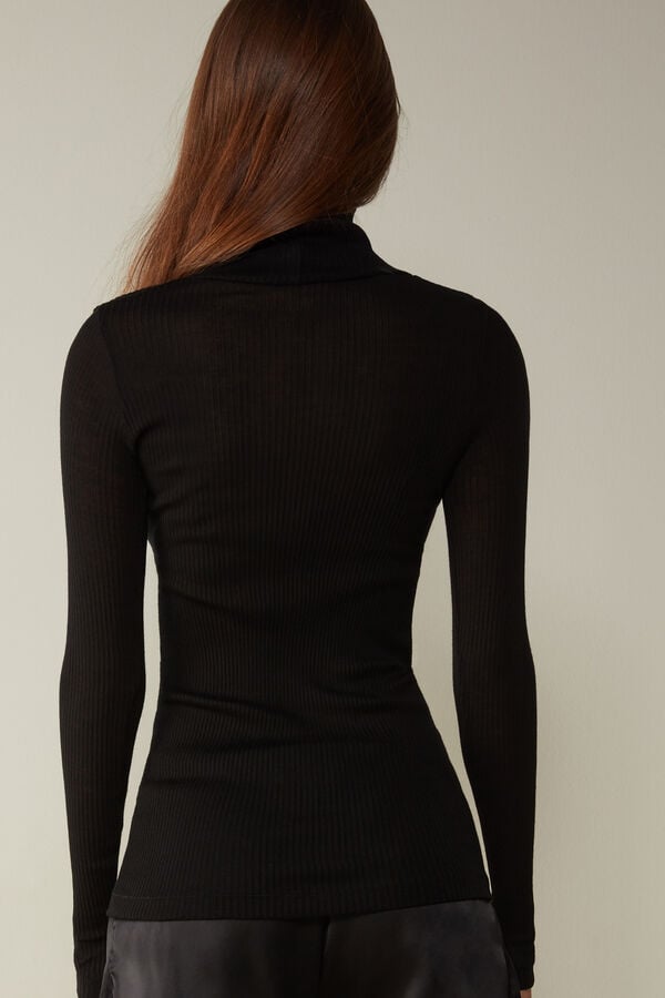 Intimssimi Long-sleeve High-Neck Tubular Top in Wool and Silk Black | USQCS30783