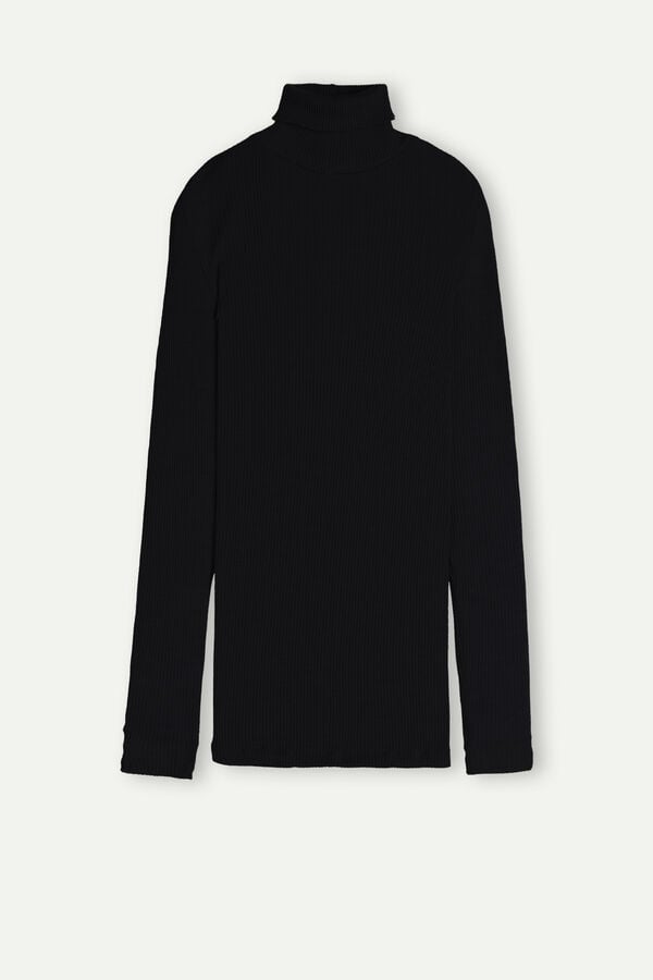 Intimssimi Long-sleeve High-Neck Tubular Top in Wool and Silk Black | USQCS30783