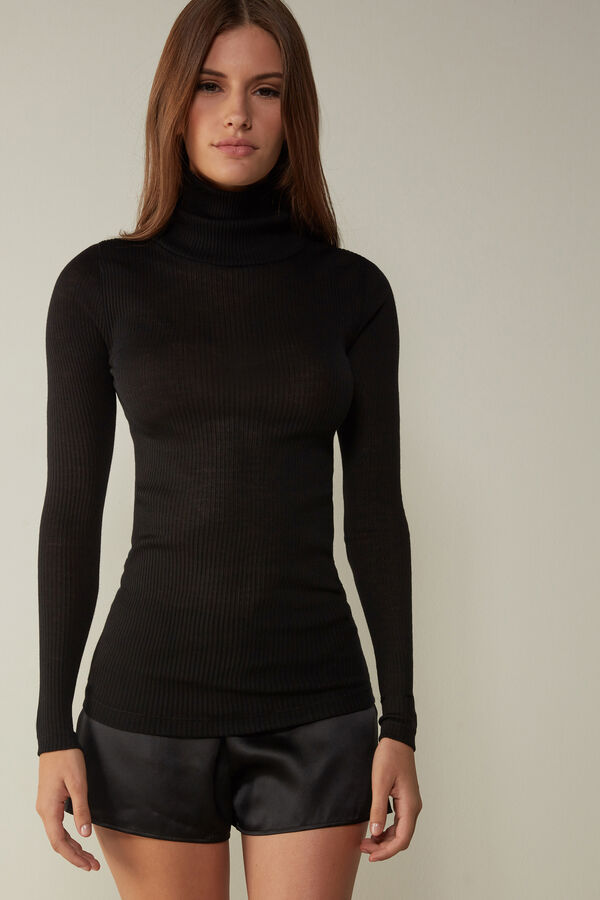 Intimssimi Long-sleeve High-Neck Tubular Top in Wool and Silk Black | USQCS30783