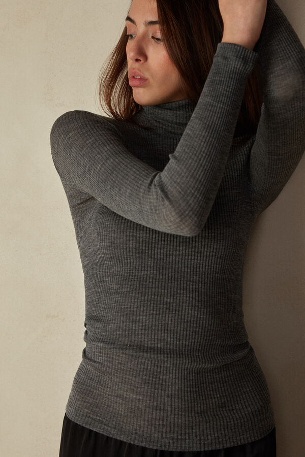 Intimssimi Long-sleeve High-Neck Tubular Top in Wool and Silk Grey | USZDE66295