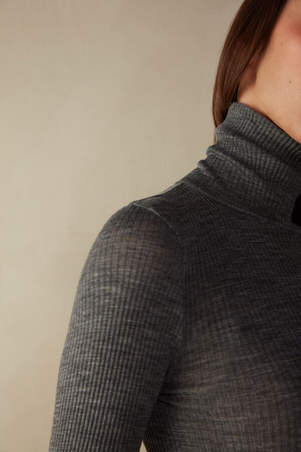 Intimssimi Long-sleeve High-Neck Tubular Top in Wool and Silk Grey | USZDE66295