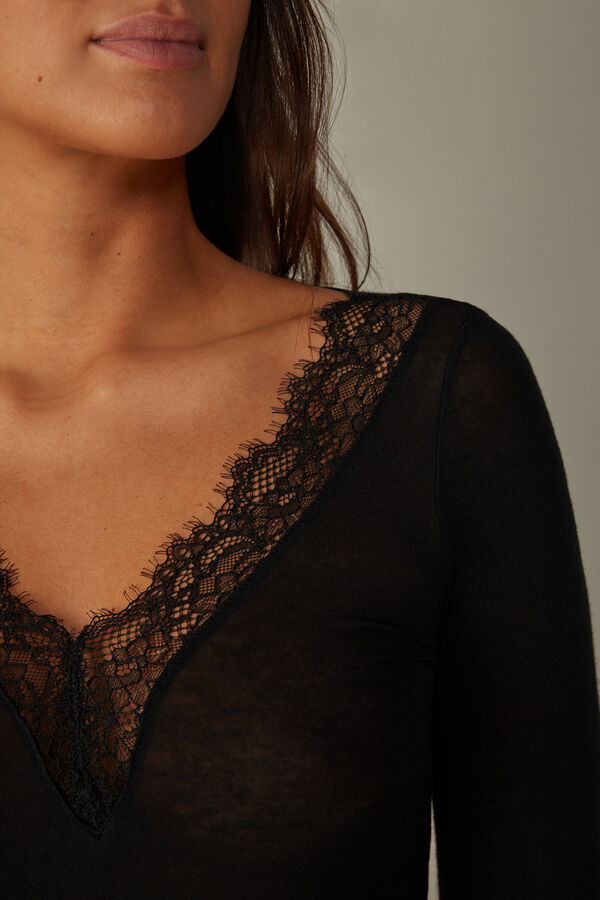 Intimssimi Modal Cashmere Ultralight Long Lace Shirt Black | SUSNY40548