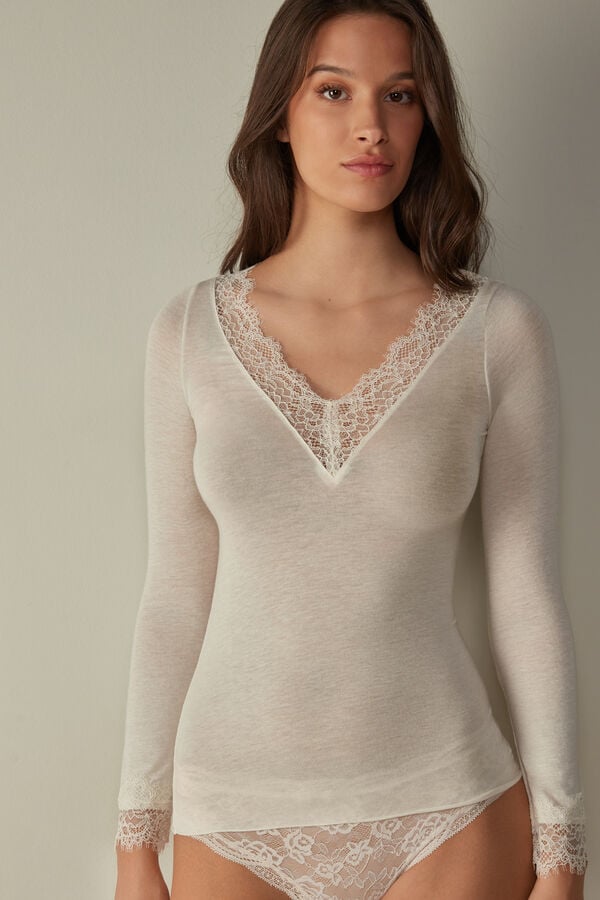 Intimssimi Modal Cashmere Ultralight Long Lace Shirt White | USCVG26386