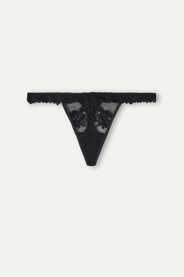 Intimssimi Pretty Flowers String Thong Black | USQCS53206