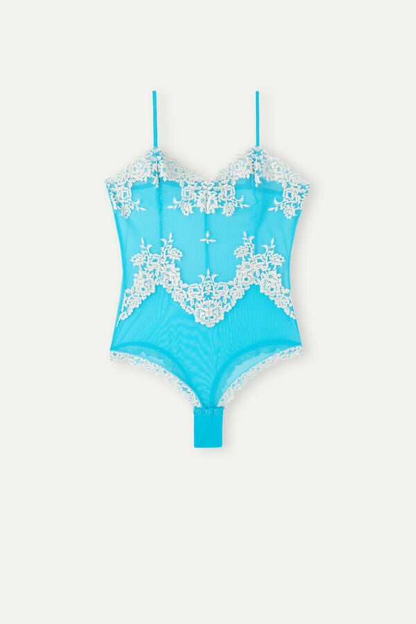 Intimssimi Pretty Flowers Tulle and Lace Bodysuit Blue | GUSEC24673