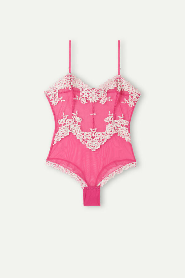 Intimssimi Pretty Flowers Tulle and Lace Bodysuit Pink | USJKU80598