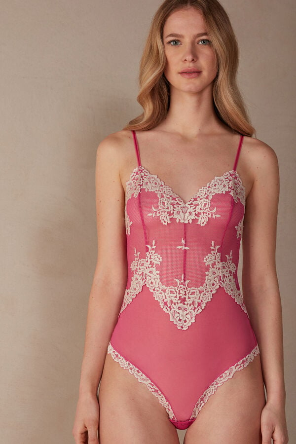 Intimssimi Pretty Flowers Tulle and Lace Bodysuit Pink | USJKU80598