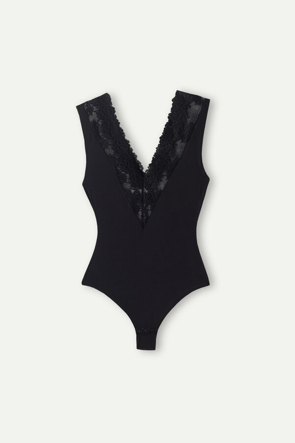 Intimssimi Pretty Flowers V-neck Bodysuit Black | PUSQX19700