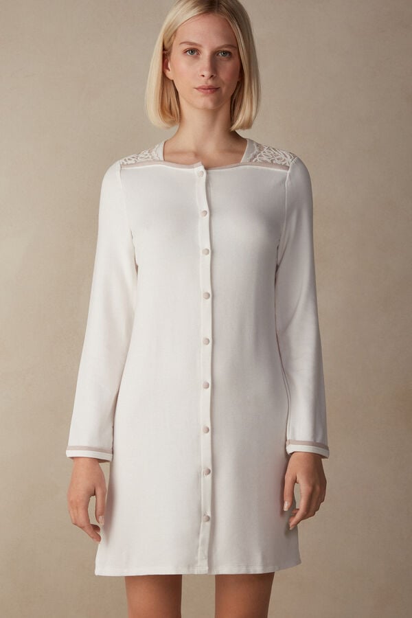 Intimssimi Romantic Bedroom Button Up Night Shirt in Modal with Wool White | SUSVO66164