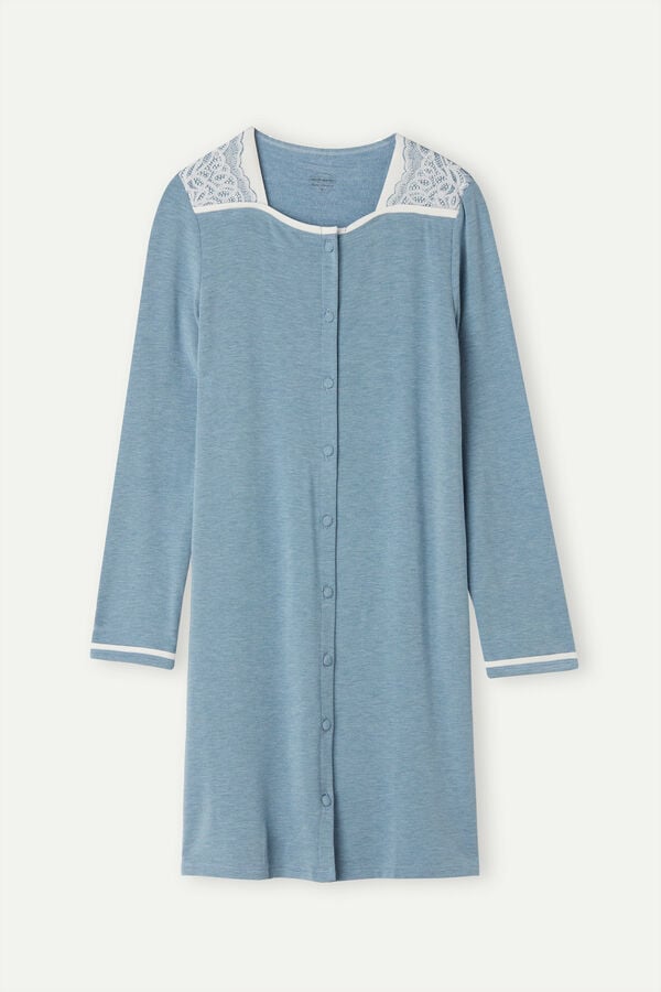 Intimssimi Romantic Bedroom Button Up Night Shirt in Modal with Wool Light Blue | UUSTG38507