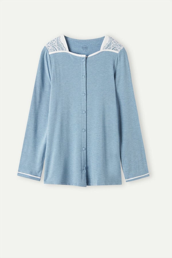 Intimssimi Romantic Bedroom Button Up Top in Modal with Wool Light Blue | XUSGW93414