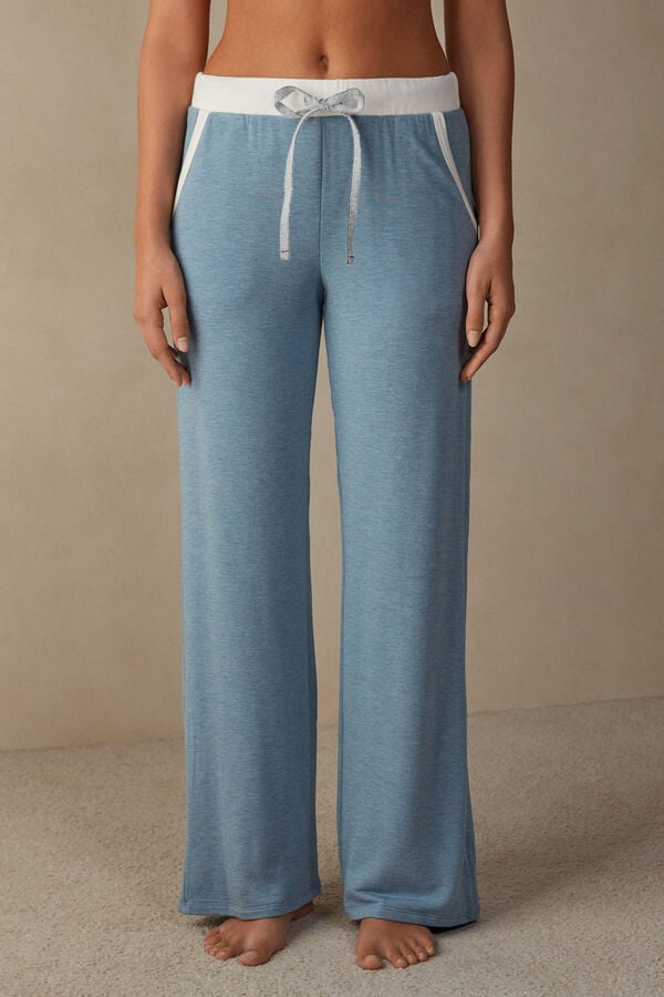 Intimssimi Romantic Bedroom Contrast Trim Full Length Pants in Modal with Wool Light Blue | BUSSO72211