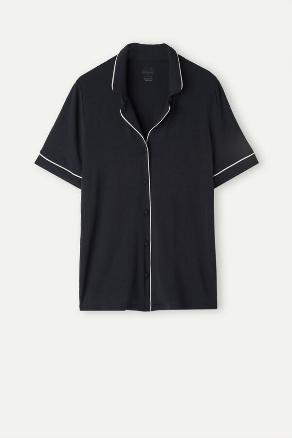 Intimssimi Short Sleeve Button Up Shirt in Modal Black | SUSVO45955