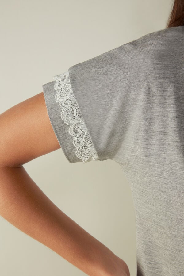 Intimssimi Short-Sleeve Modal Top with Lace Detail Grey | USJVR35928