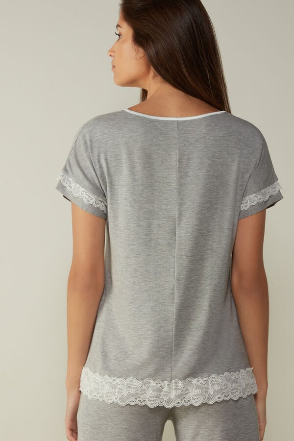 Intimssimi Short-Sleeve Modal Top with Lace Detail Grey | USJVR35928