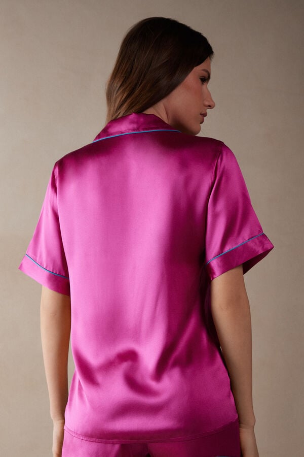 Intimssimi Short Sleeve Silk Shirt with Contrast Trim Pink | DUSVO52485